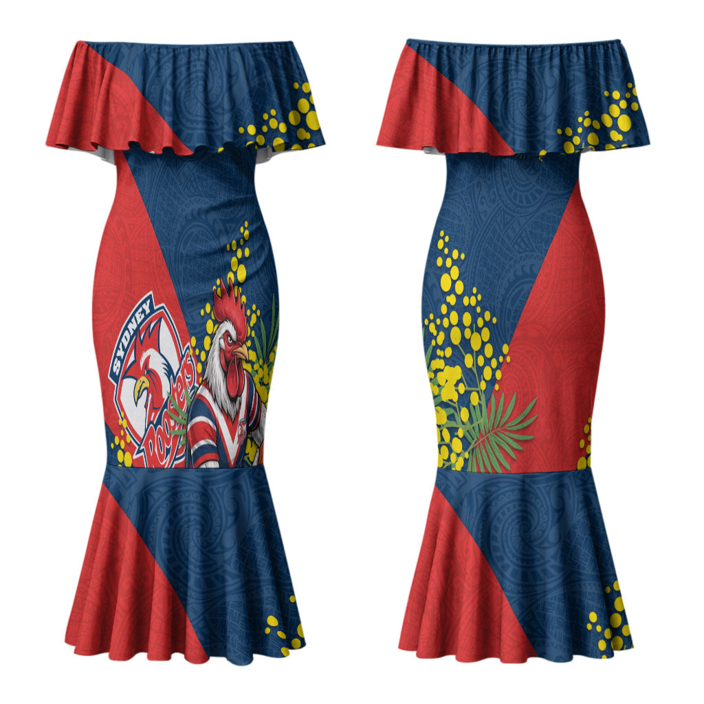 Sydney Roosters Couples Matching Mermaid Dress and Long Sleeve Button Shirt Golden Wattle Floral Polynesian - Australian Flower - Rugby Mascot