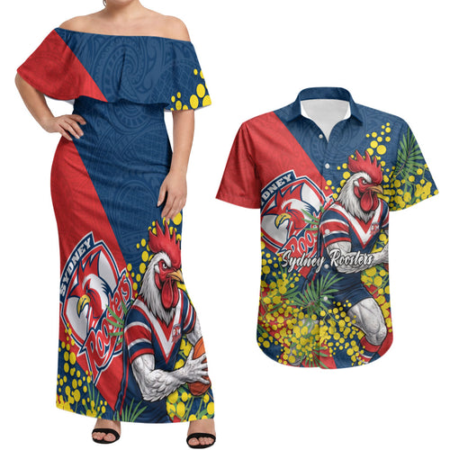 Sydney Roosters Couples Matching Off Shoulder Maxi Dress and Hawaiian Shirt Golden Wattle Floral Polynesian - Australian Flower - Rugby Mascot