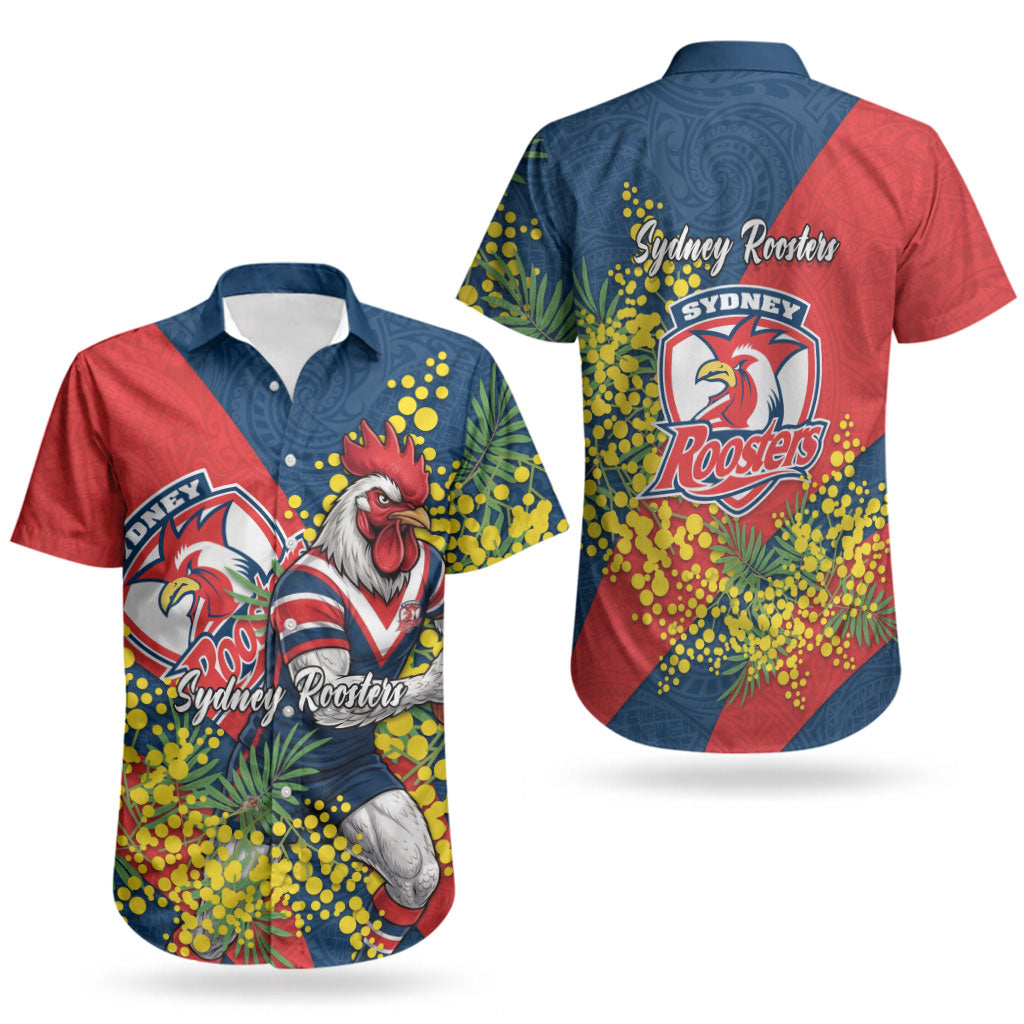 Sydney Roosters Couples Matching Off Shoulder Maxi Dress and Hawaiian Shirt Golden Wattle Floral Polynesian - Australian Flower - Rugby Mascot