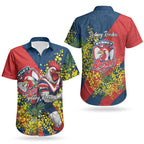 Sydney Roosters Couples Matching Off Shoulder Maxi Dress and Hawaiian Shirt Golden Wattle Floral Polynesian - Australian Flower - Rugby Mascot