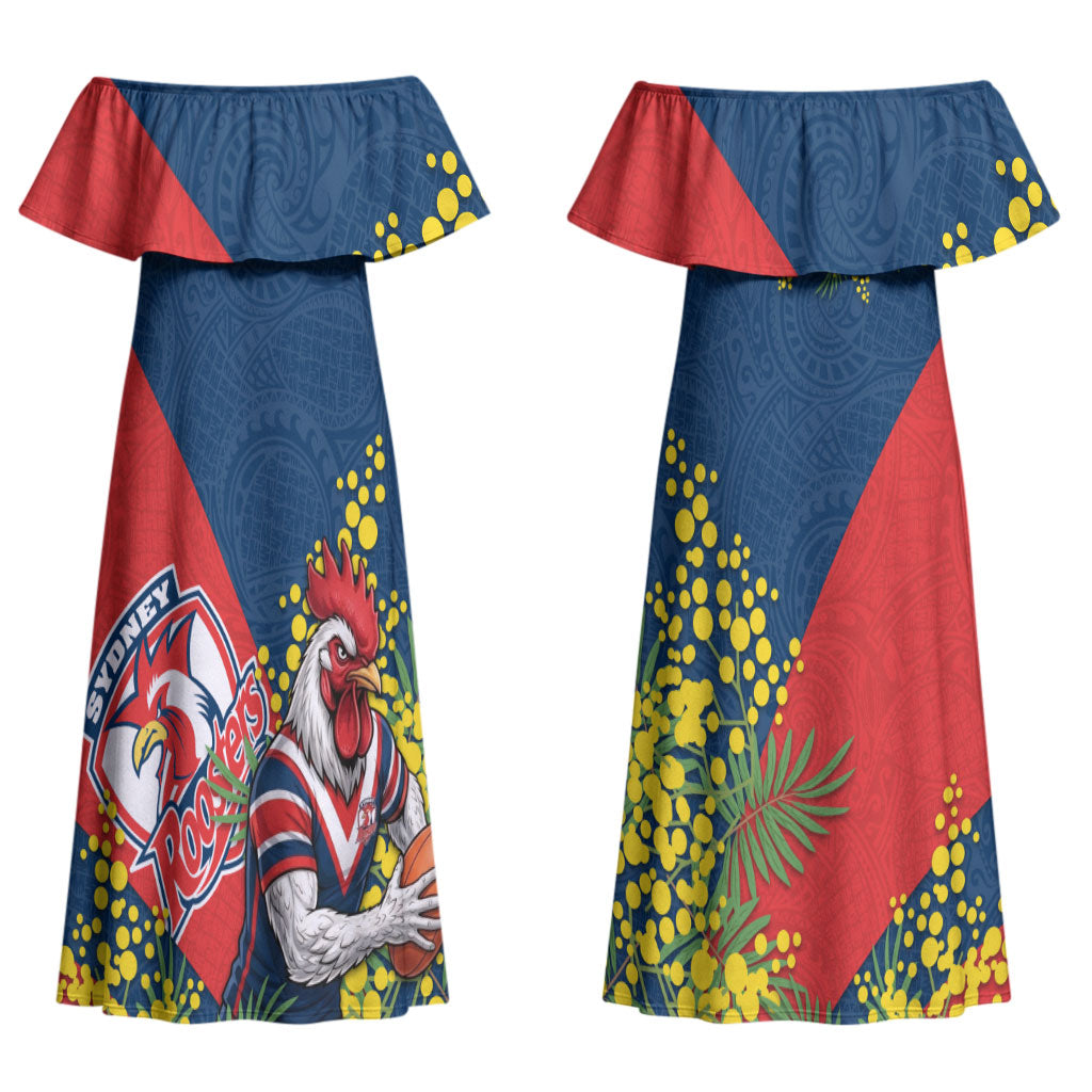 Sydney Roosters Couples Matching Off Shoulder Maxi Dress and Hawaiian Shirt Golden Wattle Floral Polynesian - Australian Flower - Rugby Mascot