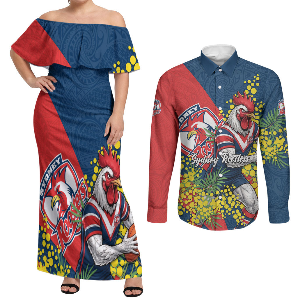 Sydney Roosters Couples Matching Off Shoulder Maxi Dress and Long Sleeve Button Shirt Golden Wattle Floral Polynesian - Australian Flower - Rugby Mascot