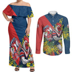 Sydney Roosters Couples Matching Off Shoulder Maxi Dress and Long Sleeve Button Shirt Golden Wattle Floral Polynesian - Australian Flower - Rugby Mascot