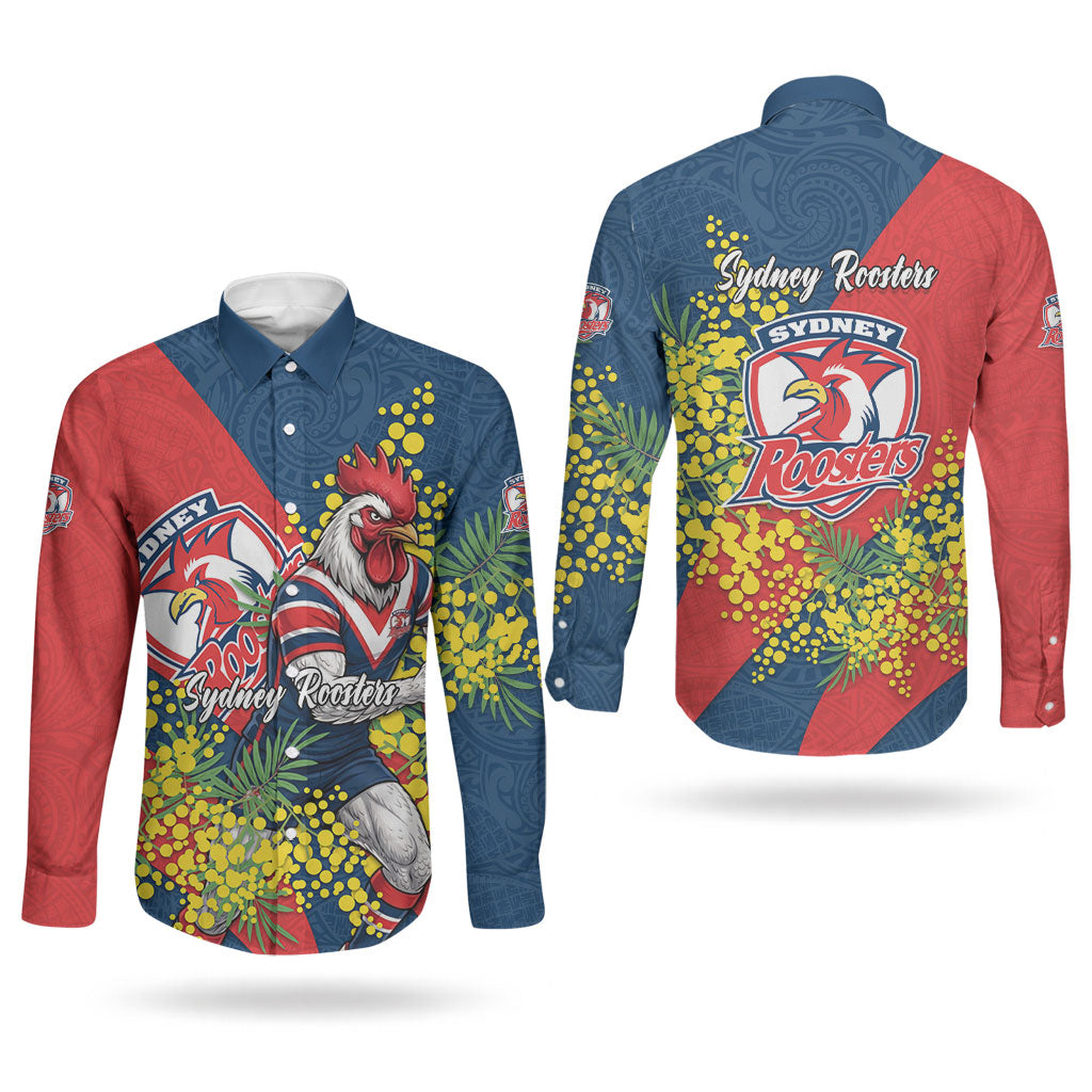 Sydney Roosters Couples Matching Off Shoulder Maxi Dress and Long Sleeve Button Shirt Golden Wattle Floral Polynesian - Australian Flower - Rugby Mascot
