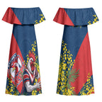 Sydney Roosters Couples Matching Off Shoulder Maxi Dress and Long Sleeve Button Shirt Golden Wattle Floral Polynesian - Australian Flower - Rugby Mascot