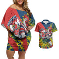 Sydney Roosters Couples Matching Off Shoulder Short Dress and Hawaiian Shirt Golden Wattle Floral Polynesian - Australian Flower - Rugby Mascot