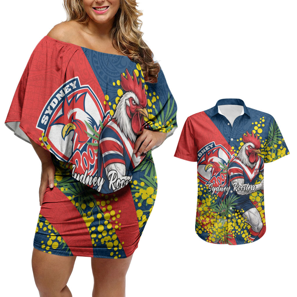 Sydney Roosters Couples Matching Off Shoulder Short Dress and Hawaiian Shirt Golden Wattle Floral Polynesian - Australian Flower - Rugby Mascot