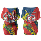 Sydney Roosters Couples Matching Off Shoulder Short Dress and Hawaiian Shirt Golden Wattle Floral Polynesian - Australian Flower - Rugby Mascot