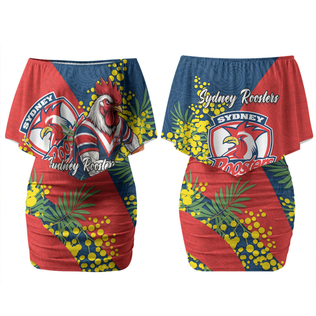 Sydney Roosters Couples Matching Off Shoulder Short Dress and Hawaiian Shirt Golden Wattle Floral Polynesian - Australian Flower - Rugby Mascot