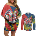 Sydney Roosters Couples Matching Off Shoulder Short Dress and Long Sleeve Button Shirt Golden Wattle Floral Polynesian - Australian Flower - Rugby Mascot