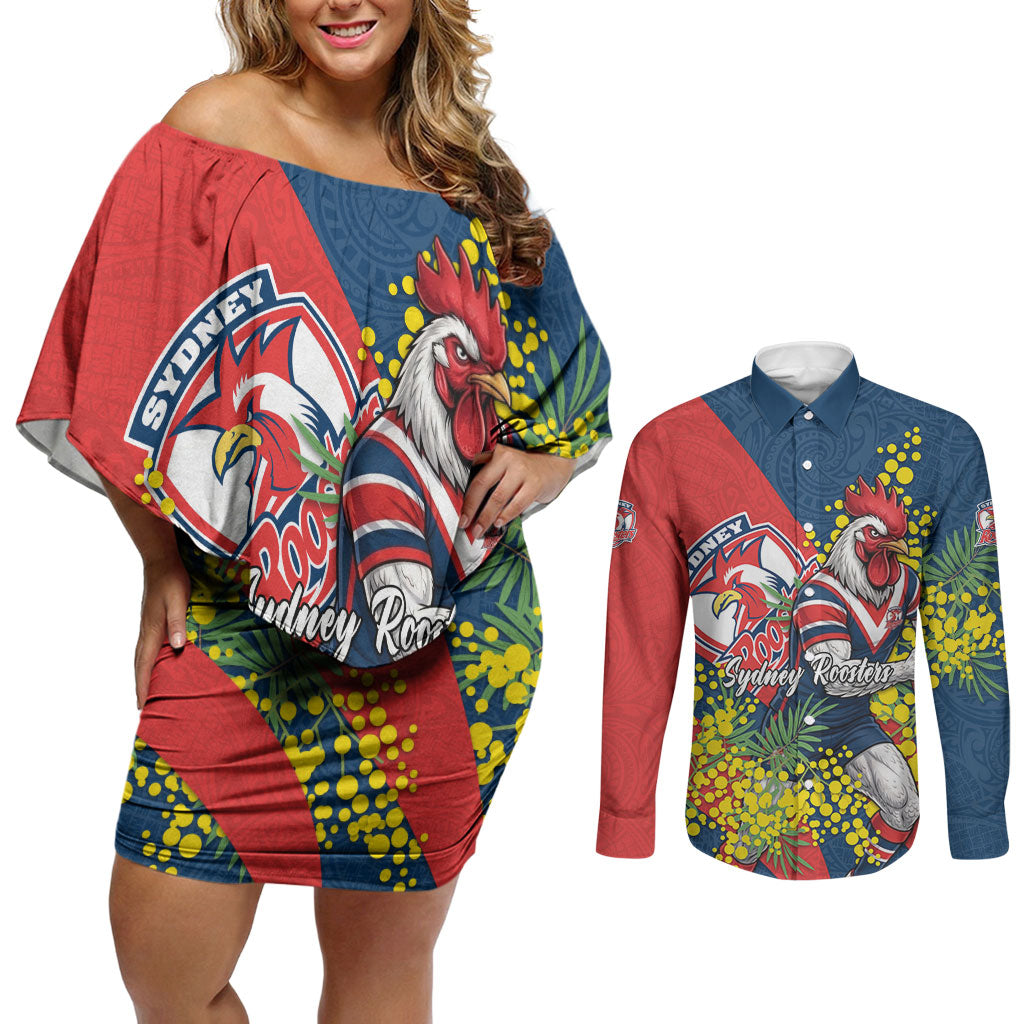 Sydney Roosters Couples Matching Off Shoulder Short Dress and Long Sleeve Button Shirt Golden Wattle Floral Polynesian - Australian Flower - Rugby Mascot