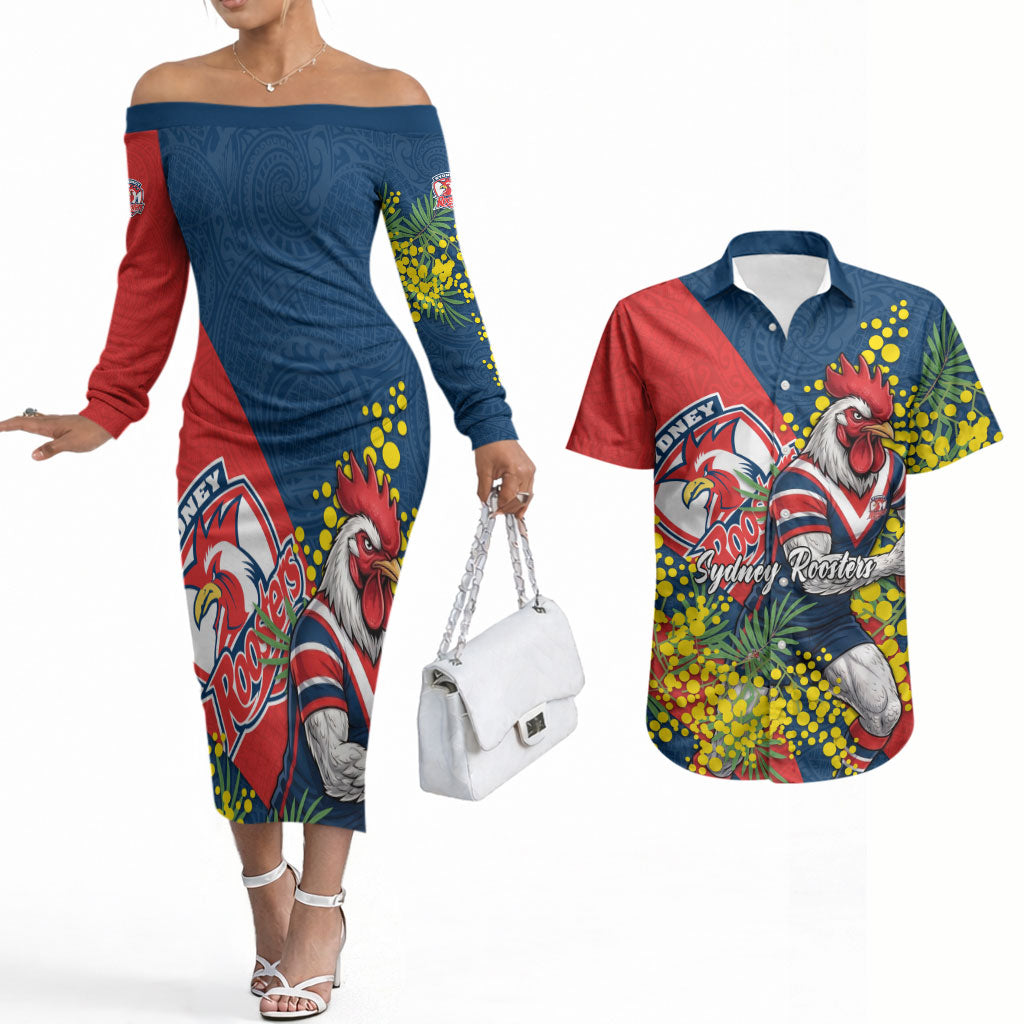 Sydney Roosters Couples Matching Off The Shoulder Long Sleeve Dress and Hawaiian Shirt Golden Wattle Floral Polynesian - Australian Flower - Rugby Mascot