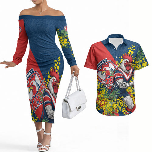 Sydney Roosters Couples Matching Off The Shoulder Long Sleeve Dress and Hawaiian Shirt Golden Wattle Floral Polynesian - Australian Flower - Rugby Mascot
