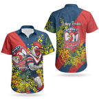 Sydney Roosters Couples Matching Off The Shoulder Long Sleeve Dress and Hawaiian Shirt Golden Wattle Floral Polynesian - Australian Flower - Rugby Mascot