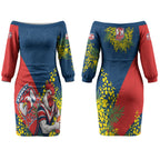 Sydney Roosters Couples Matching Off The Shoulder Long Sleeve Dress and Hawaiian Shirt Golden Wattle Floral Polynesian - Australian Flower - Rugby Mascot