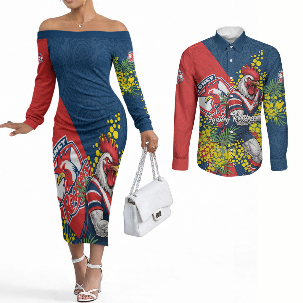 Sydney Roosters Couples Matching Off The Shoulder Long Sleeve Dress and Long Sleeve Button Shirt Golden Wattle Floral Polynesian - Australian Flower - Rugby Mascot