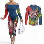 Sydney Roosters Couples Matching Off The Shoulder Long Sleeve Dress and Long Sleeve Button Shirt Golden Wattle Floral Polynesian - Australian Flower - Rugby Mascot