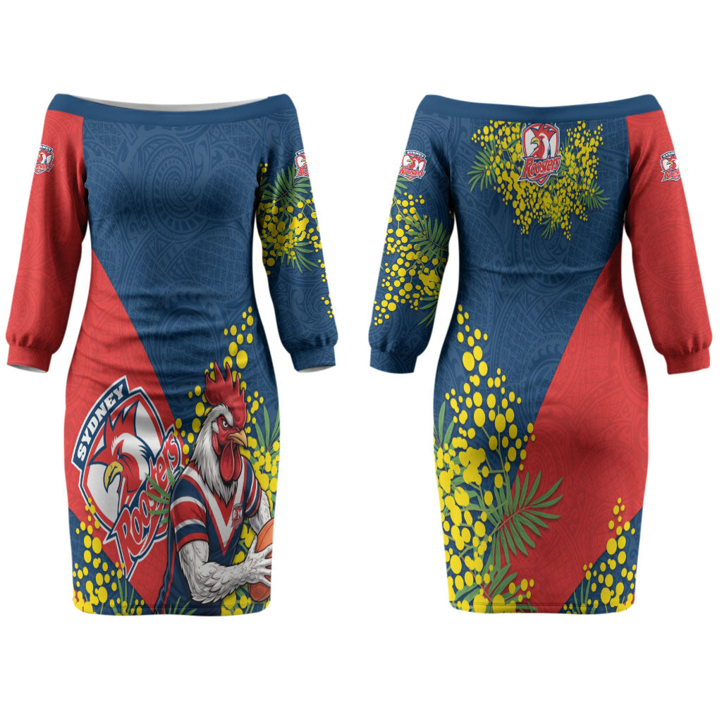 Sydney Roosters Couples Matching Off The Shoulder Long Sleeve Dress and Long Sleeve Button Shirt Golden Wattle Floral Polynesian - Australian Flower - Rugby Mascot