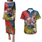 Sydney Roosters Couples Matching Puletasi and Hawaiian Shirt Golden Wattle Floral Polynesian - Australian Flower - Rugby Mascot