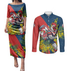 Sydney Roosters Couples Matching Puletasi and Long Sleeve Button Shirt Golden Wattle Floral Polynesian - Australian Flower - Rugby Mascot