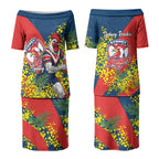 Sydney Roosters Couples Matching Puletasi and Long Sleeve Button Shirt Golden Wattle Floral Polynesian - Australian Flower - Rugby Mascot
