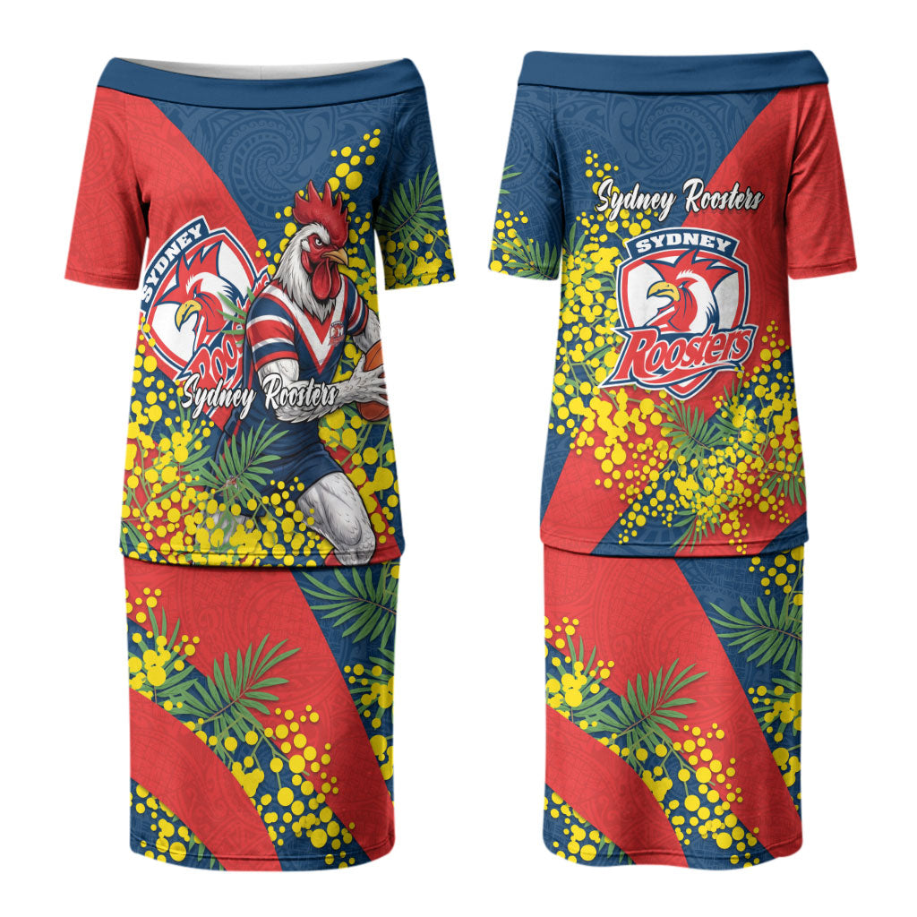 Sydney Roosters Couples Matching Puletasi and Long Sleeve Button Shirt Golden Wattle Floral Polynesian - Australian Flower - Rugby Mascot