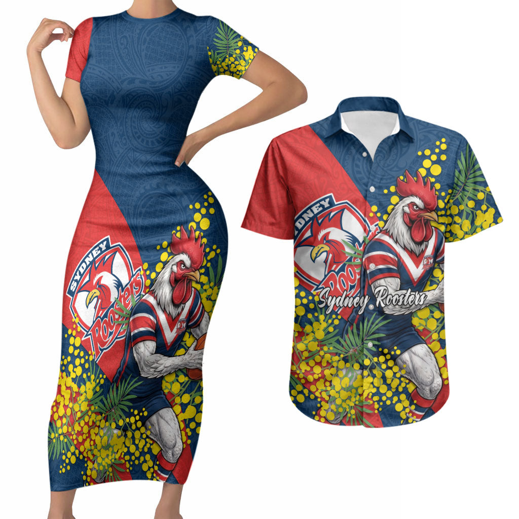 Sydney Roosters Couples Matching Short Sleeve Bodycon Dress and Hawaiian Shirt Golden Wattle Floral Polynesian - Australian Flower - Rugby Mascot