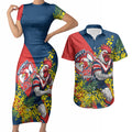 Sydney Roosters Couples Matching Short Sleeve Bodycon Dress and Hawaiian Shirt Golden Wattle Floral Polynesian - Australian Flower - Rugby Mascot