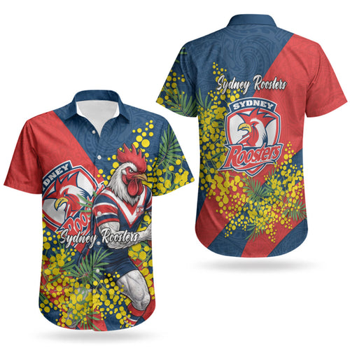Sydney Roosters Couples Matching Short Sleeve Bodycon Dress and Hawaiian Shirt Golden Wattle Floral Polynesian - Australian Flower - Rugby Mascot