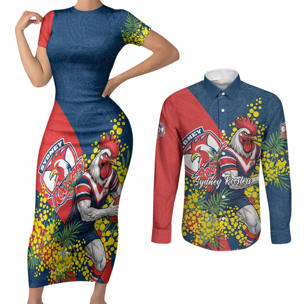 Sydney Roosters Couples Matching Short Sleeve Bodycon Dress and Long Sleeve Button Shirt Golden Wattle Floral Polynesian - Australian Flower - Rugby Mascot