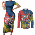 Sydney Roosters Couples Matching Short Sleeve Bodycon Dress and Long Sleeve Button Shirt Golden Wattle Floral Polynesian - Australian Flower - Rugby Mascot