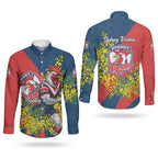 Sydney Roosters Couples Matching Short Sleeve Bodycon Dress and Long Sleeve Button Shirt Golden Wattle Floral Polynesian - Australian Flower - Rugby Mascot