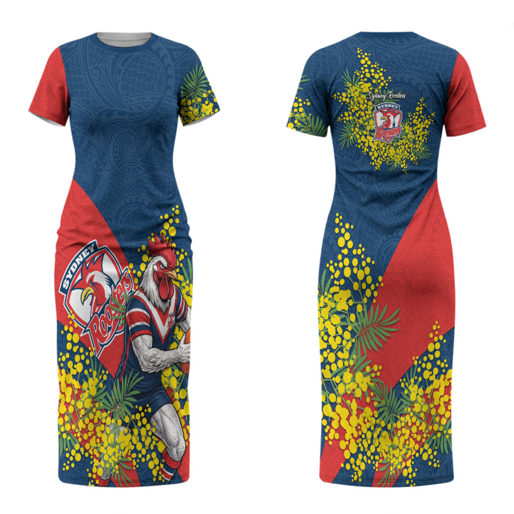Sydney Roosters Couples Matching Short Sleeve Bodycon Dress and Long Sleeve Button Shirt Golden Wattle Floral Polynesian - Australian Flower - Rugby Mascot