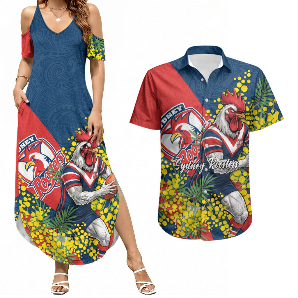 Sydney Roosters Couples Matching Summer Maxi Dress and Hawaiian Shirt Golden Wattle Floral Polynesian - Australian Flower - Rugby Mascot