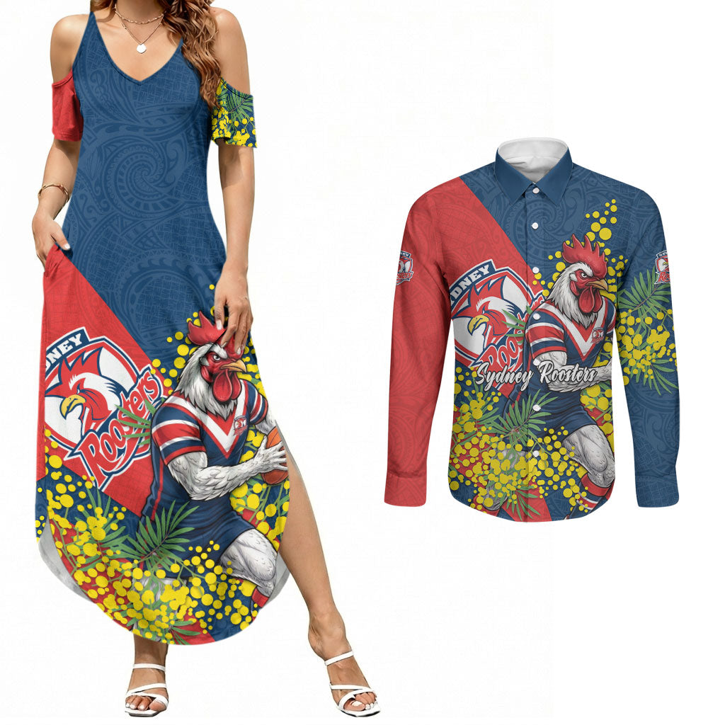 Sydney Roosters Couples Matching Summer Maxi Dress and Long Sleeve Button Shirt Golden Wattle Floral Polynesian - Australian Flower - Rugby Mascot
