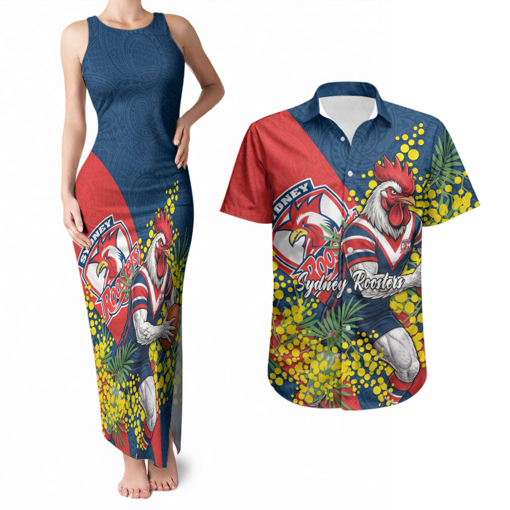 Sydney Roosters Couples Matching Tank Maxi Dress and Hawaiian Shirt Golden Wattle Floral Polynesian - Australian Flower - Rugby Mascot