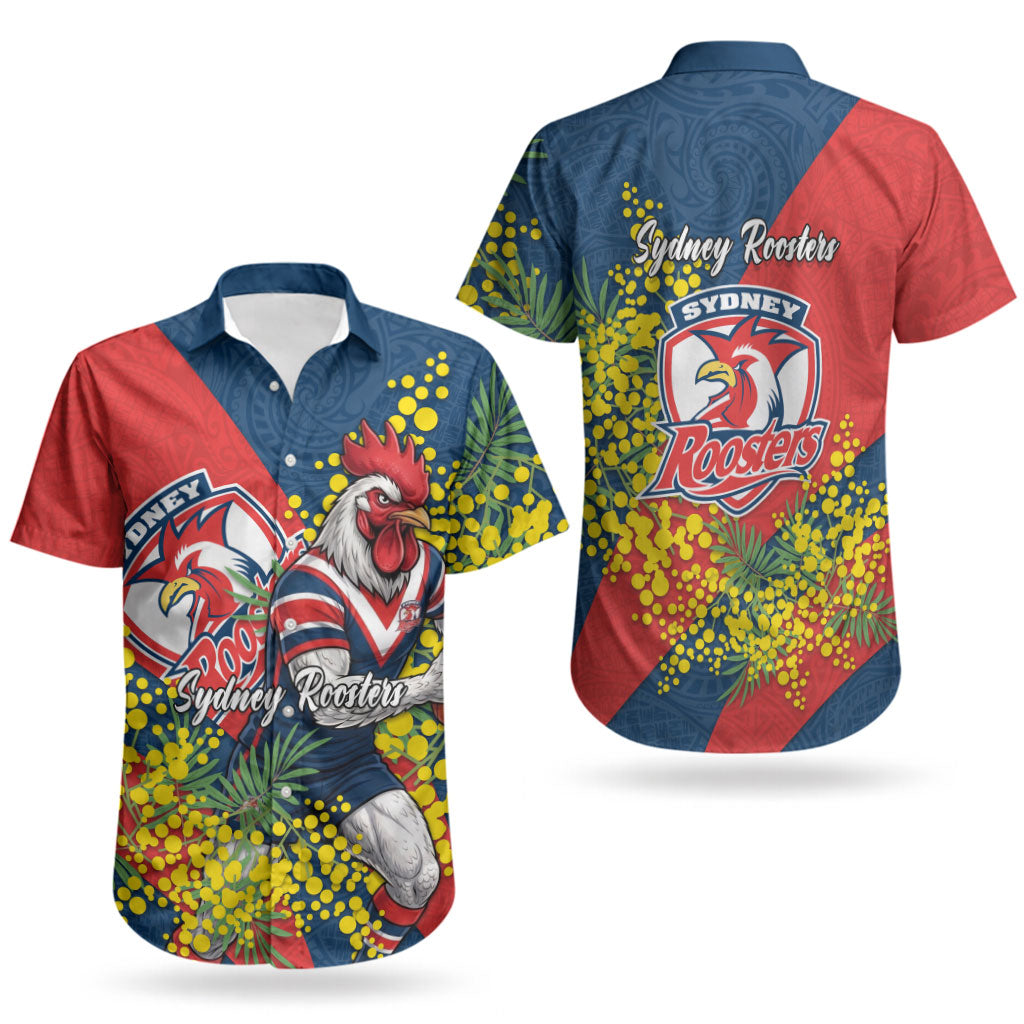 Sydney Roosters Couples Matching Tank Maxi Dress and Hawaiian Shirt Golden Wattle Floral Polynesian - Australian Flower - Rugby Mascot
