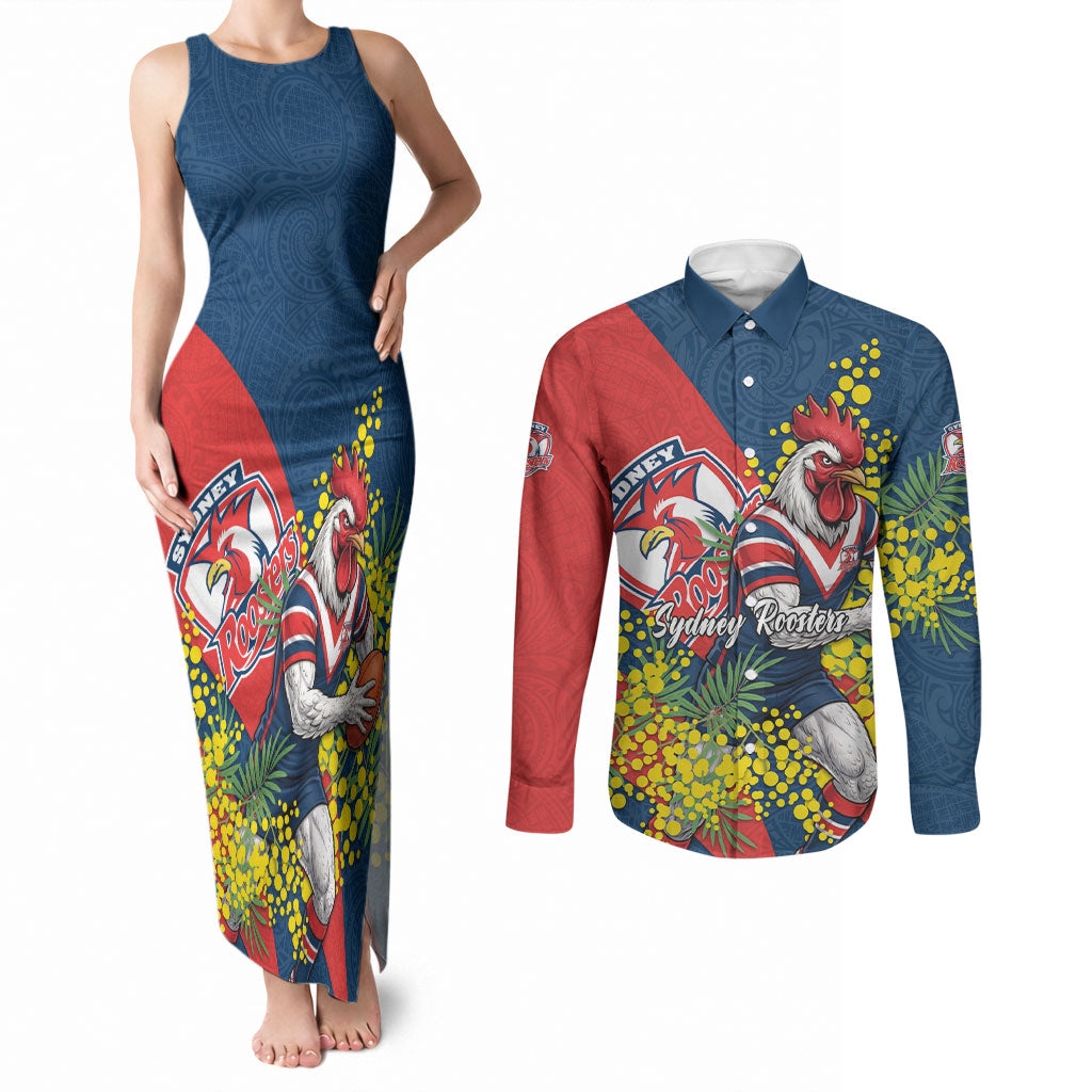 Sydney Roosters Couples Matching Tank Maxi Dress and Long Sleeve Button Shirt Golden Wattle Floral Polynesian - Australian Flower - Rugby Mascot