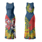 Sydney Roosters Couples Matching Tank Maxi Dress and Long Sleeve Button Shirt Golden Wattle Floral Polynesian - Australian Flower - Rugby Mascot