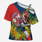 Sydney Roosters Cross Shoulder Shirt Golden Wattle Floral Polynesian - Australian Flower - Rugby Mascot