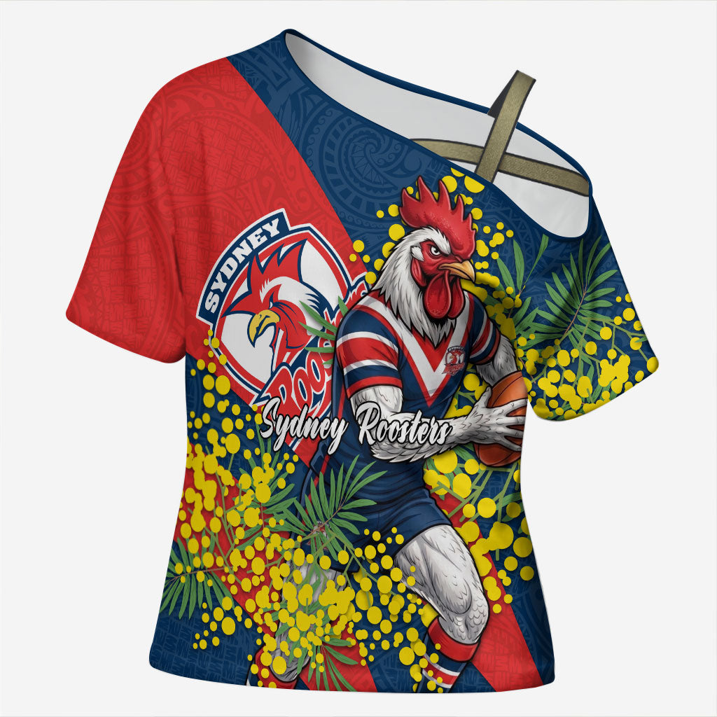 Sydney Roosters Cross Shoulder Shirt Golden Wattle Floral Polynesian - Australian Flower - Rugby Mascot