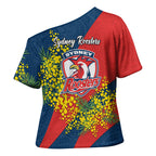 Sydney Roosters Cross Shoulder Shirt Golden Wattle Floral Polynesian - Australian Flower - Rugby Mascot