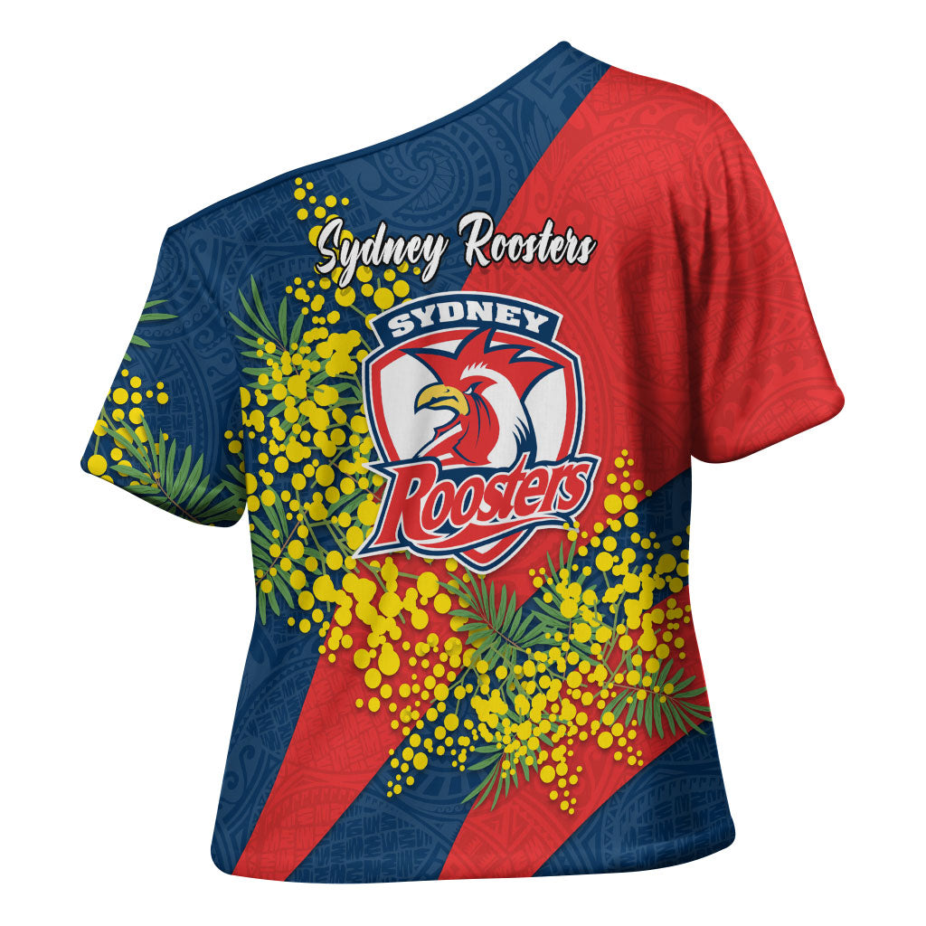 Sydney Roosters Cross Shoulder Shirt Golden Wattle Floral Polynesian - Australian Flower - Rugby Mascot