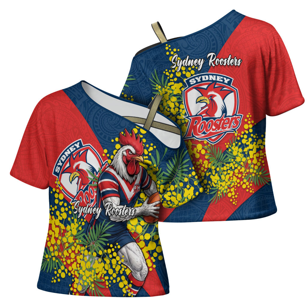 Sydney Roosters Cross Shoulder Shirt Golden Wattle Floral Polynesian - Australian Flower - Rugby Mascot
