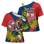 Sydney Roosters Cross Shoulder Shirt Golden Wattle Floral Polynesian - Australian Flower - Rugby Mascot