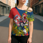 Sydney Roosters Cross Shoulder Shirt Golden Wattle Floral Polynesian - Australian Flower - Rugby Mascot