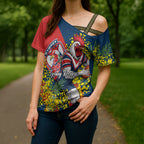 Sydney Roosters Cross Shoulder Shirt Golden Wattle Floral Polynesian - Australian Flower - Rugby Mascot