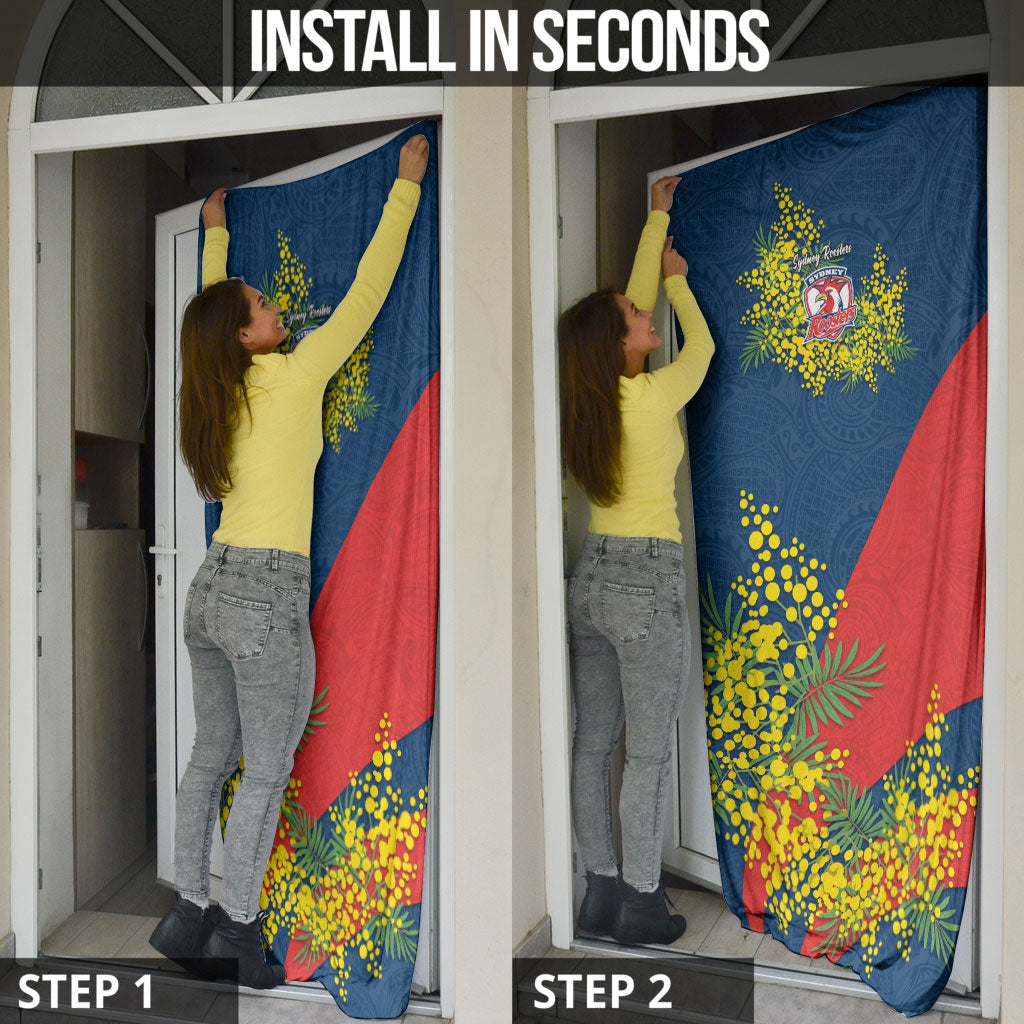 Sydney Roosters Door Cover Golden Wattle Floral Polynesian - Australian Flower - Rugby Mascot