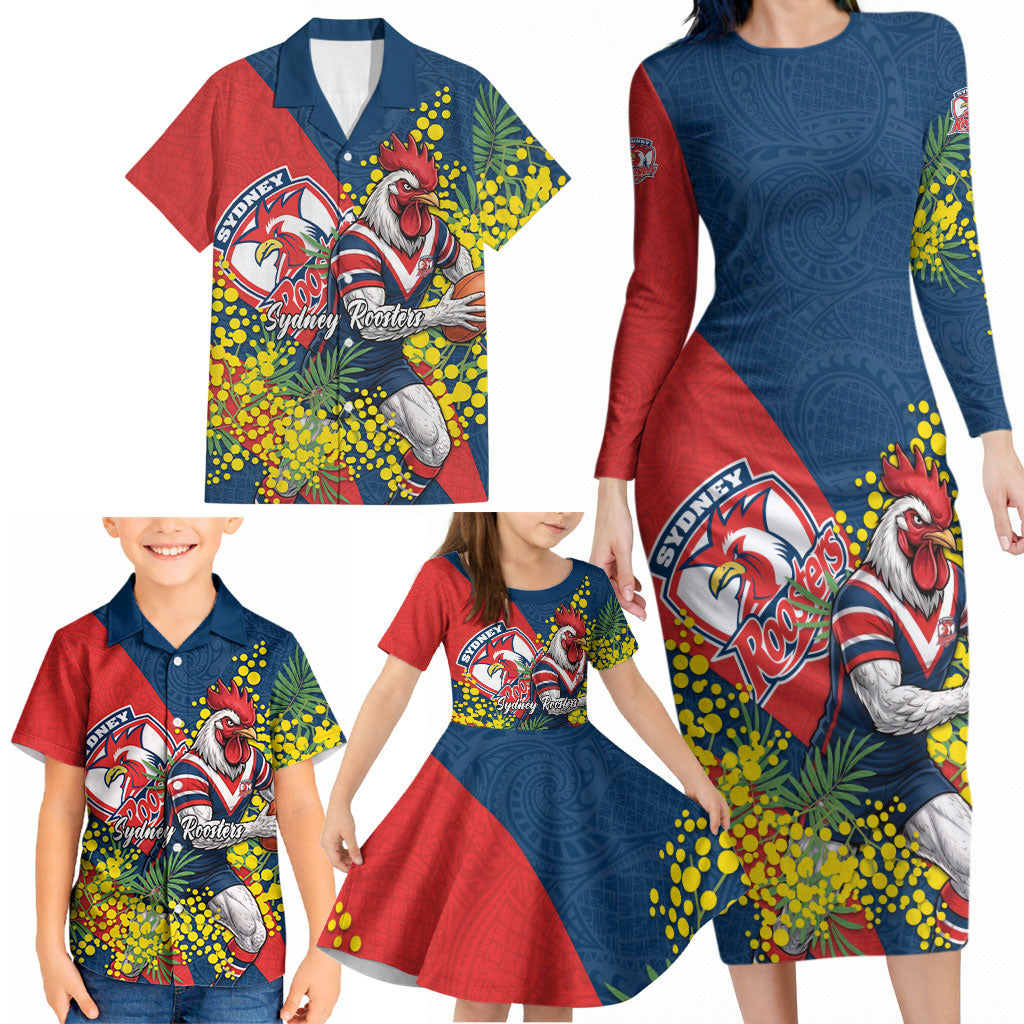 Sydney Roosters Family Matching Long Sleeve Bodycon Dress and Hawaiian Shirt Golden Wattle Floral Polynesian - Australian Flower - Rugby Mascot