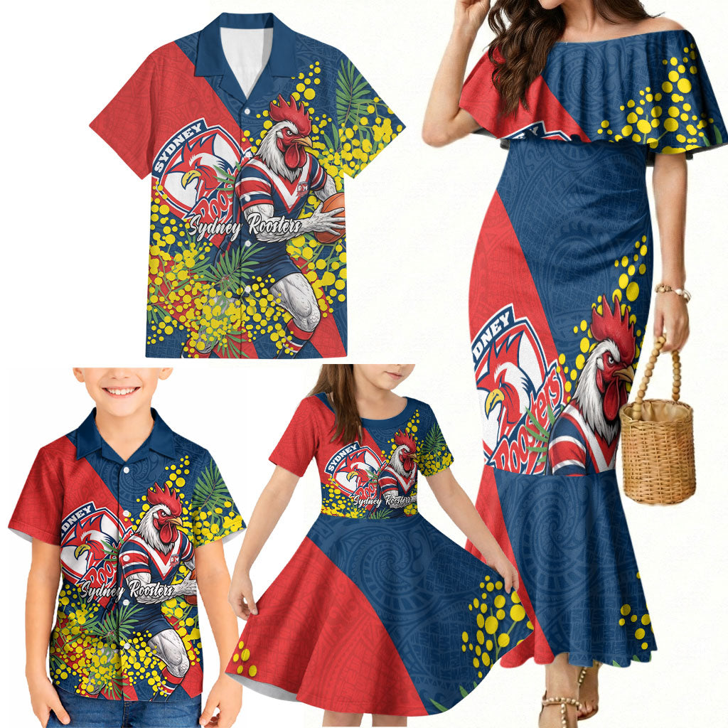 Sydney Roosters Family Matching Mermaid Dress and Hawaiian Shirt Golden Wattle Floral Polynesian - Australian Flower - Rugby Mascot